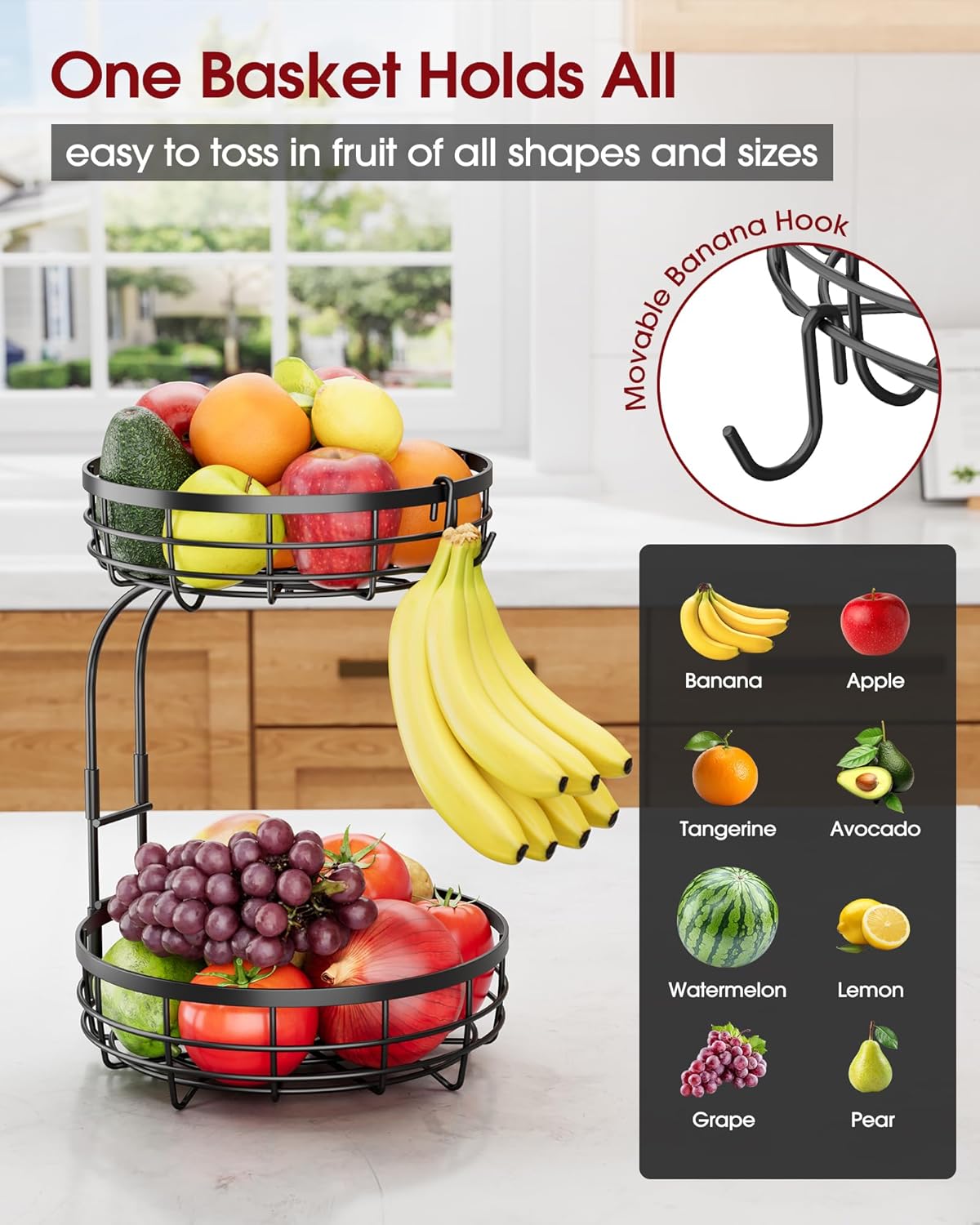 Fruit Basket for Kitchen Counter - 2-Tier Large Capacity Fruit Bowl with Detachable Banana Hanger, Rust-Proof Metal Fruit Holder for Vegetables, Bread, Toiletry,10" D x 10" W x 14" H, Black