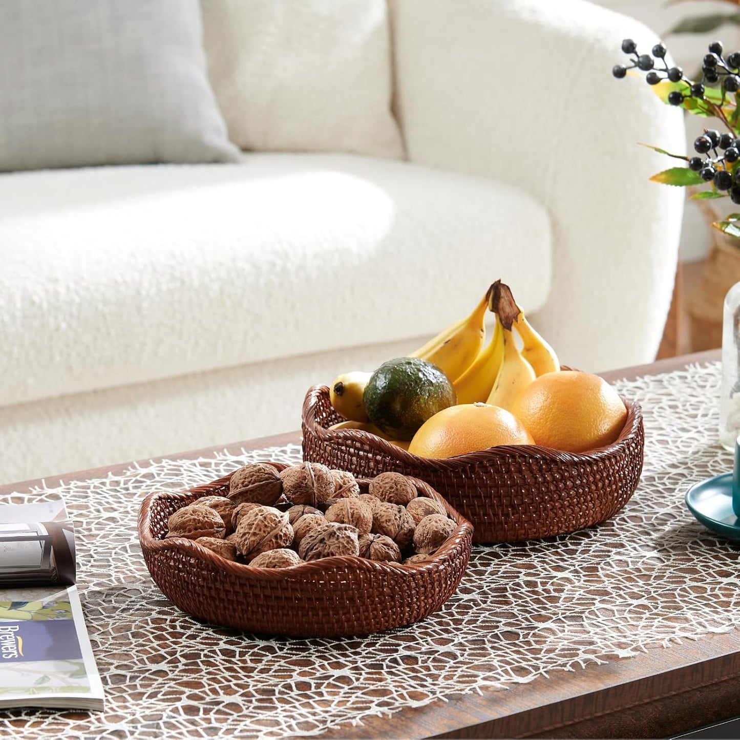 YANGQIHOME Rattan Round Fruit Baskets, Wicker Storage Bowls, Natural Woven Serving Basket Bowls, Decorative Baskets for Kitchen Counter Organizing, Brown, Set of 3