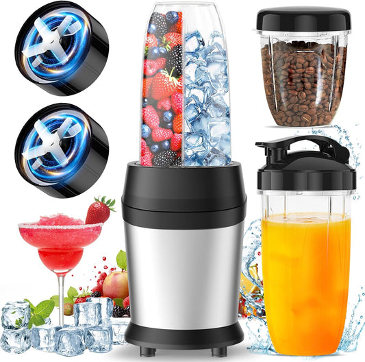 12-Piece Smoothie Blender Maker 25,000 RPM Personal Blender for Ice Crushing Smoothies & Frozen Drinks Nuts with 23oz, 32oz, 37oz Portable Cups Two 6-Leaf Stainless Steel Blades, Silver