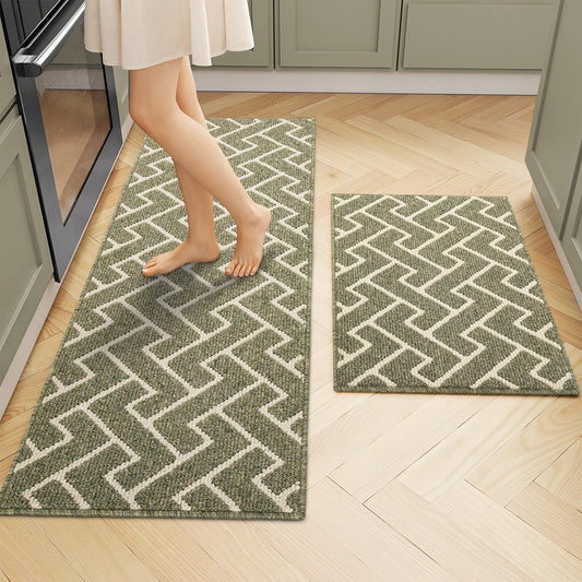 hicorfe Kitchen Rugs and Mats Sets,Non-Slip 2 Pieces Absorbent 100% Polypropylene Rug,Comfort Kitchen Runner Mat,Washable for Kitchen,Sink,Laundry(20" x 31.5" Plus 20" x 48",Green)