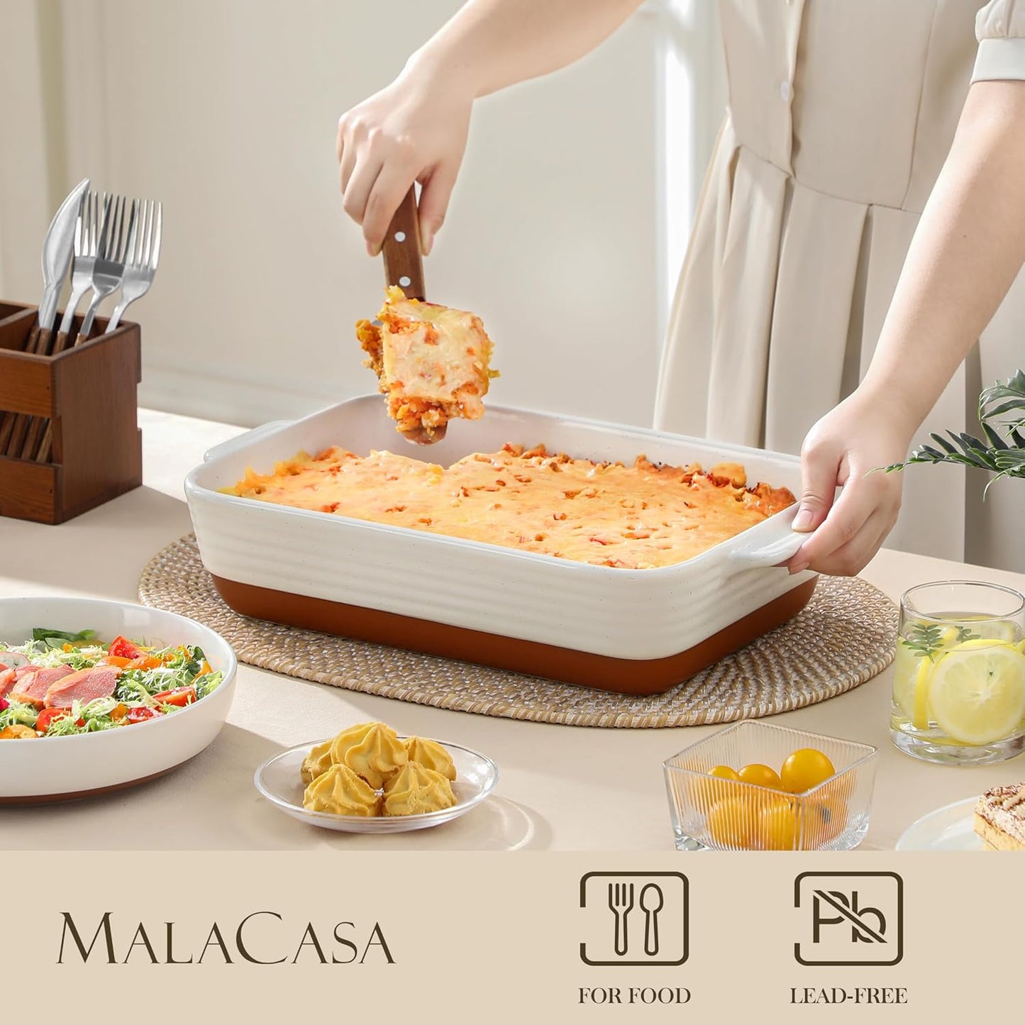 MALACASA Baking Dish with Rack, 4.8 Qt Ceramic Roasting Pan with Stainless Steel Drip Rack, 9x13 Inch Deep Casserole Dish with Handles, Oven Safe Lasagna Pan for Baking & Serving (Khaki & White) - Series Tara