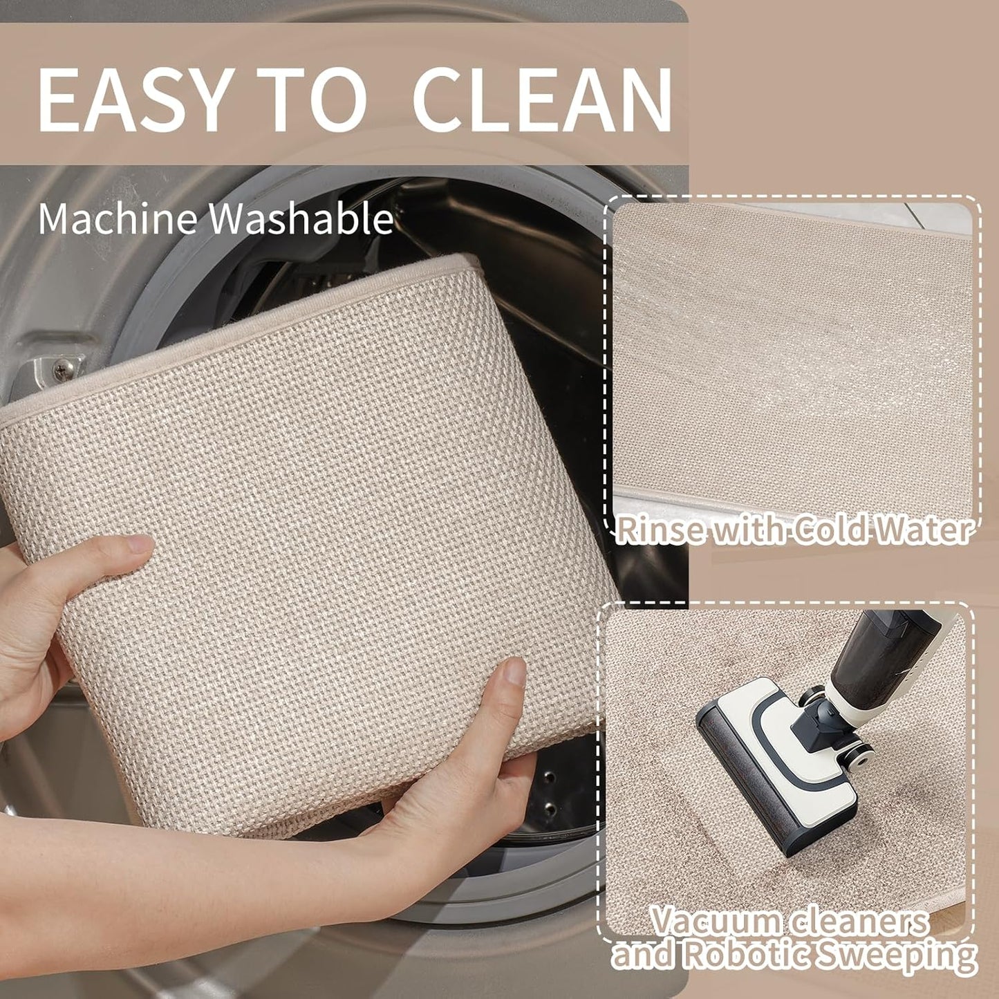 Kitchen Mats for Floor, Super Absorbent Kitchen Rugs Non Slip Washable, Soft Imitation Linen Braided Runner Rug, Standing Mat Kitchen Sink Mat, Easy to Clean, Beige 17x71