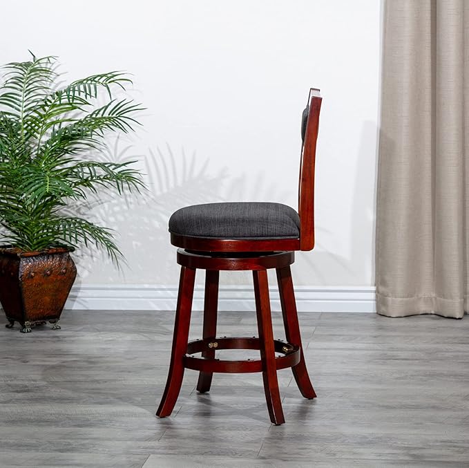 DTY Indoor Living Meeker X Back Fabric Swivel Stool, 30” Bar Height, Cherry Finish, Charcoal Fabric Seat