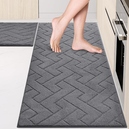 Machine Washable Kitchen Rugs Set (24" x 36"+24" x 60"), Non-Slip Kitchen Runner Rugs Mats for Floor, Absorbent Comfort Standing Mats for Kitchen, Sink and Hallway, Rolled Packaging, Grey