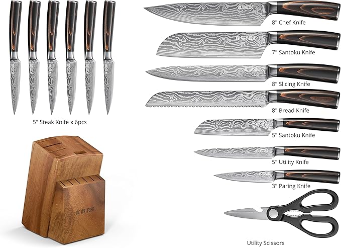 Yatoshi Professional Kitchen Knife Set, 15 Pieces, High Carbon Stainless Steel, Ergonomic Handle