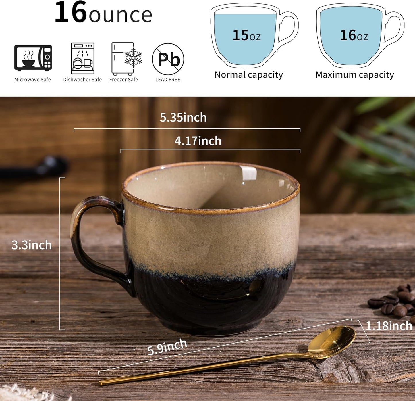 Ceramic Coffee Mug Set of 4 with Spoon, 15 oz Large Cups With Big Handle for Coffee Tea, Microwave Dishwasher Safe, Unique Gift for Men Women, Housewarming Wedding Gift(Brown)