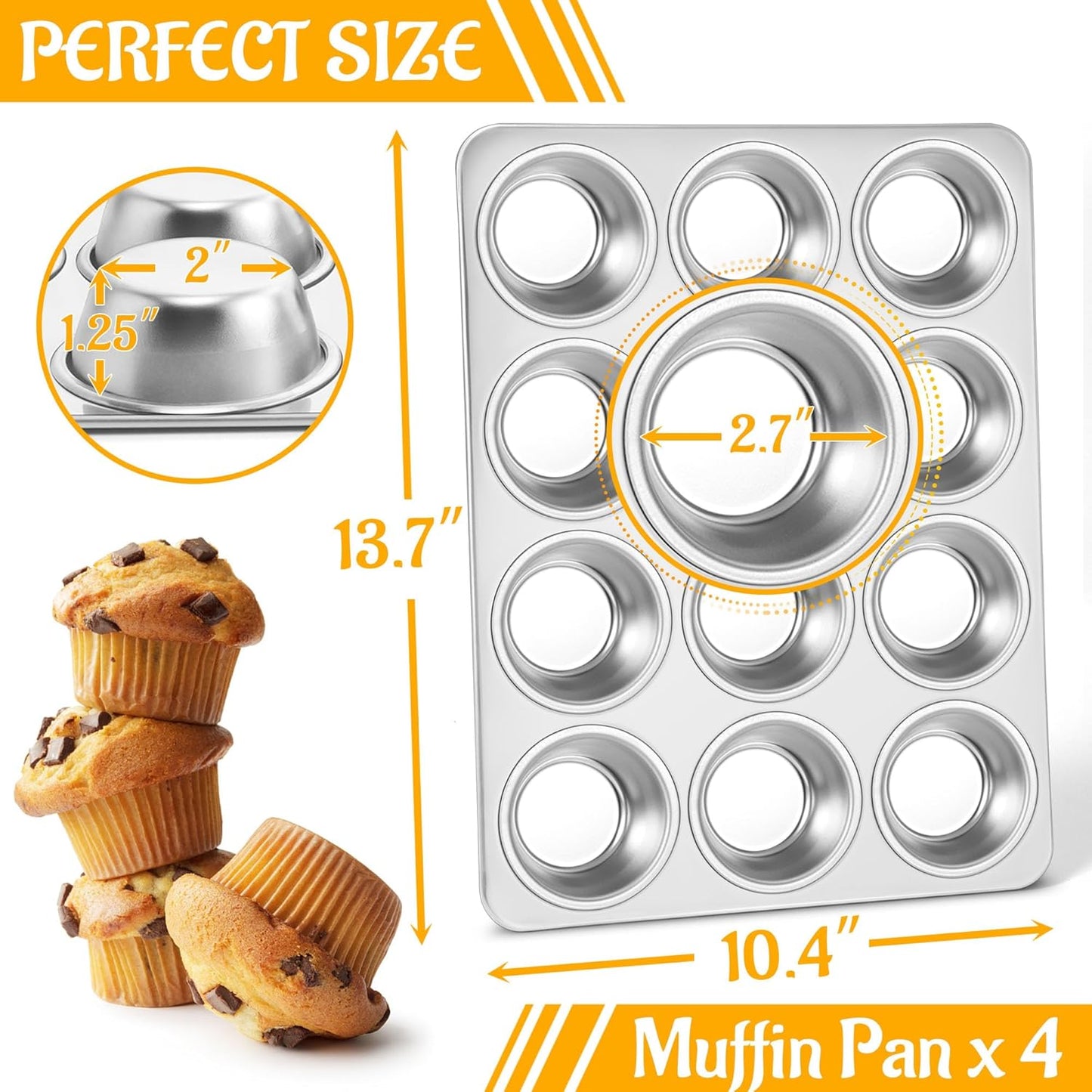 E-far 12-Cup Muffin Pan Set of 4, Stainless Steel Muffin Tins, Non-Toxic Metal Cupcake Pans Tray for Baking Small Mini Cupcake, Heavy Duty & Regular Size, Rust Free & Dishwasher Safe