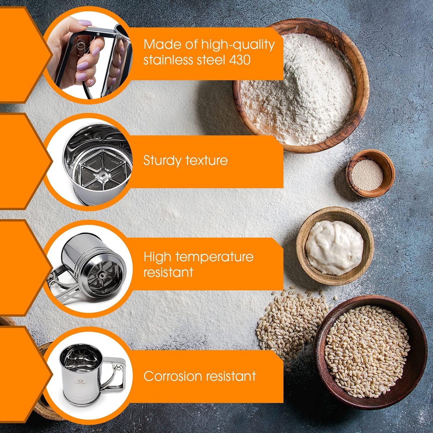 Flour Sifter , 3 Cup Stainless Steel , Great Double-layer Baking Sifters for all Baking Flour and Powdered sugar, Flour Strainer