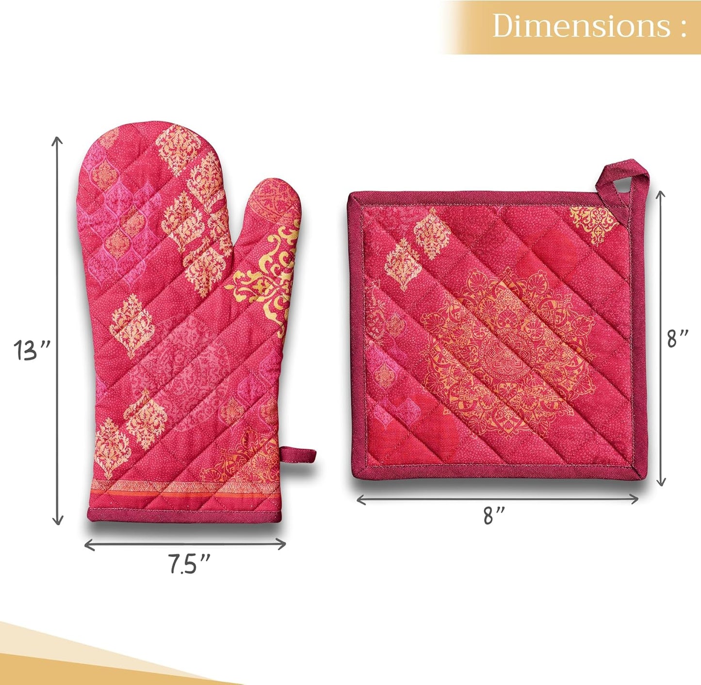 Maison d' Hermine 100% Cotton Oven Mitt & Pot Holder Set (7.5"x13" & 8"x8") Heat Resistant BBQ Cooking Gloves with Loop, Baking, Grilling, Kitchen, Handling Hot Pans (Versailles)