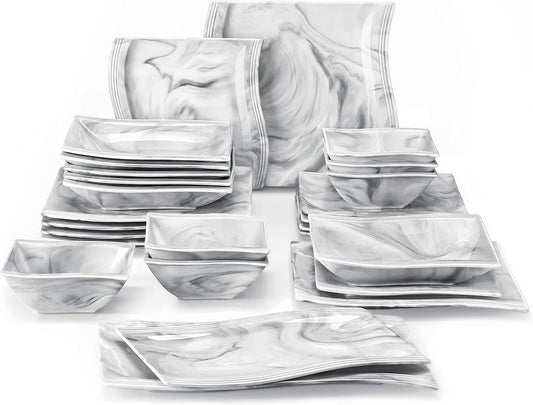 MALACASA Square Dinnerware Sets, 26-Piece Marble Grey Plates and Bowls Sets, Porcelain Dinner Set Microwave Safe, Kitchen Dinnerware Plates Set, Dishes and Bowls, Dish Set for 6, Series Flora