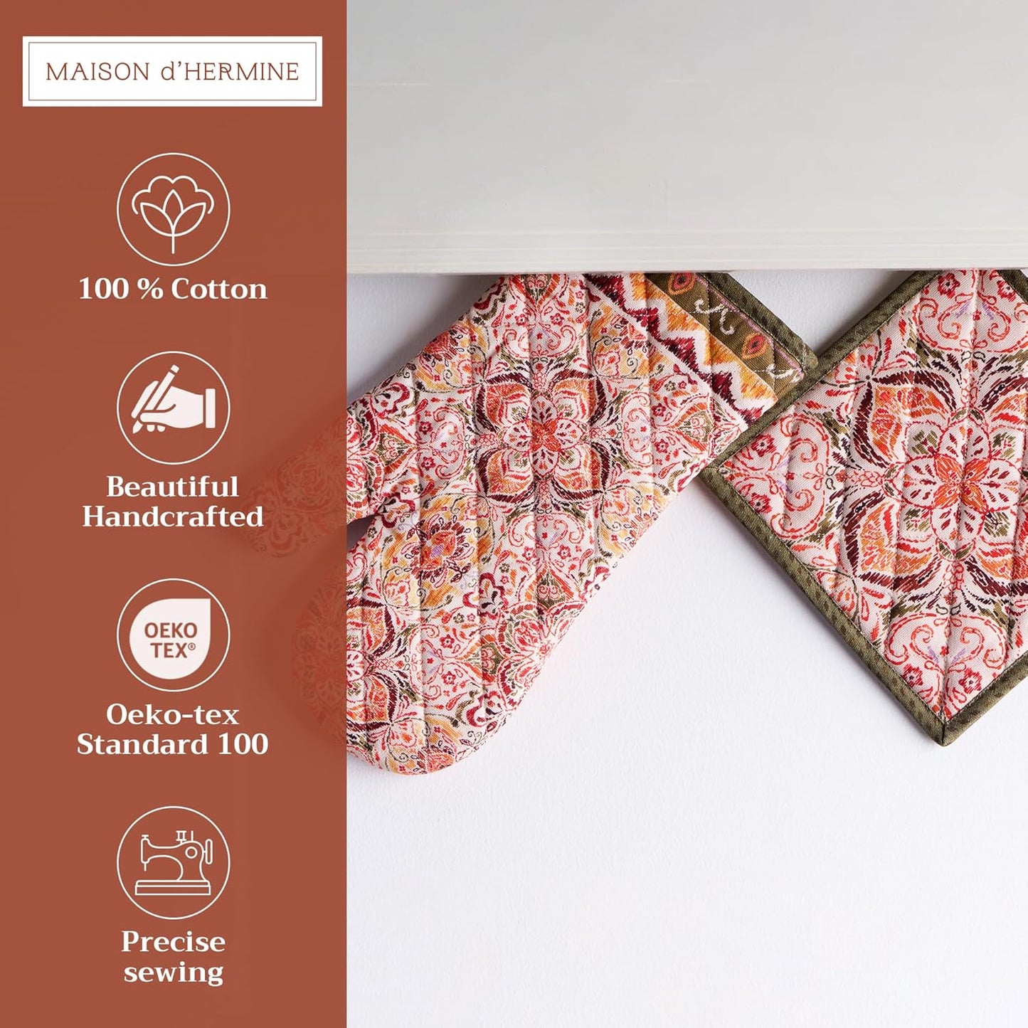 Maison d' Hermine 100% Cotton Oven Mitt & Pot Holder Set (7.5"x13" & 8"x8") Heat Resistant BBQ Cooking Gloves with Loop, Baking, Grilling, Kitchen, Handling Hot Pans (Damask)