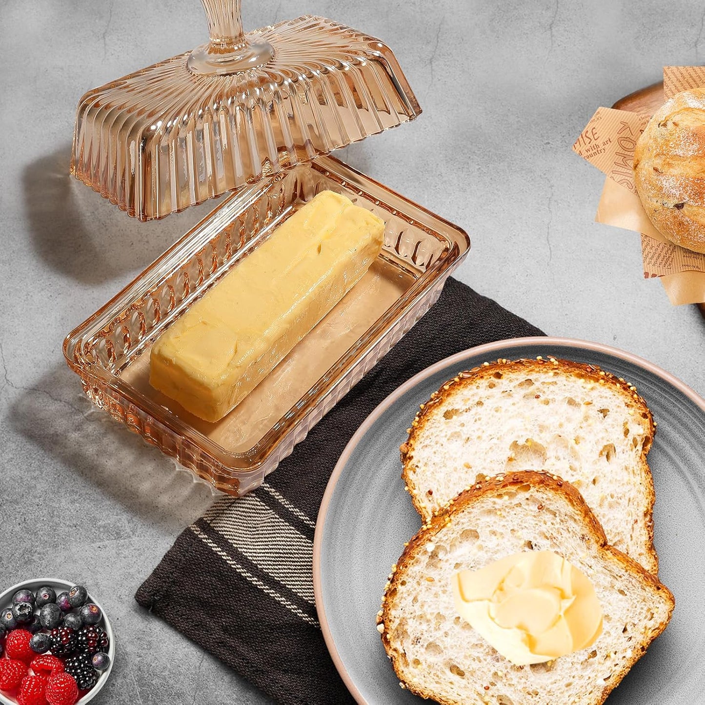 Wide Glass Butter Dish with Cover for Countertop Vintage Crystal Butter Holder for Counter Covered Glass Butter Keeper Butter Holder for Refrigerator,Butter Tray with Two Stick 4oz Butter