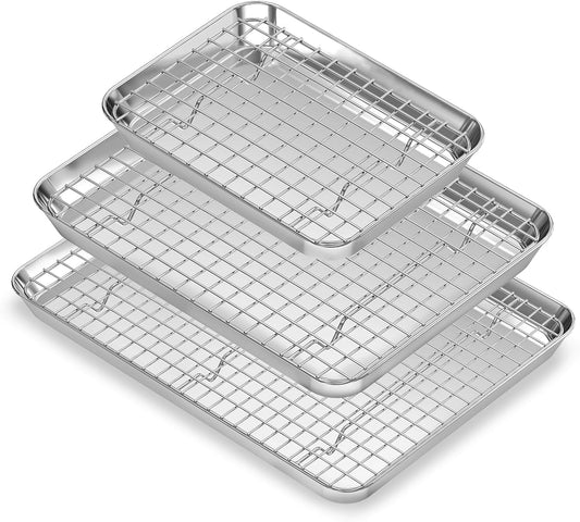 Stainless Steel Cookie Sheets, Baking Sheet Pan Set of 3 with Wire Cooling Rack, Non Stick and Heavy Duty and Easy Clean, 9/12/16 Inch