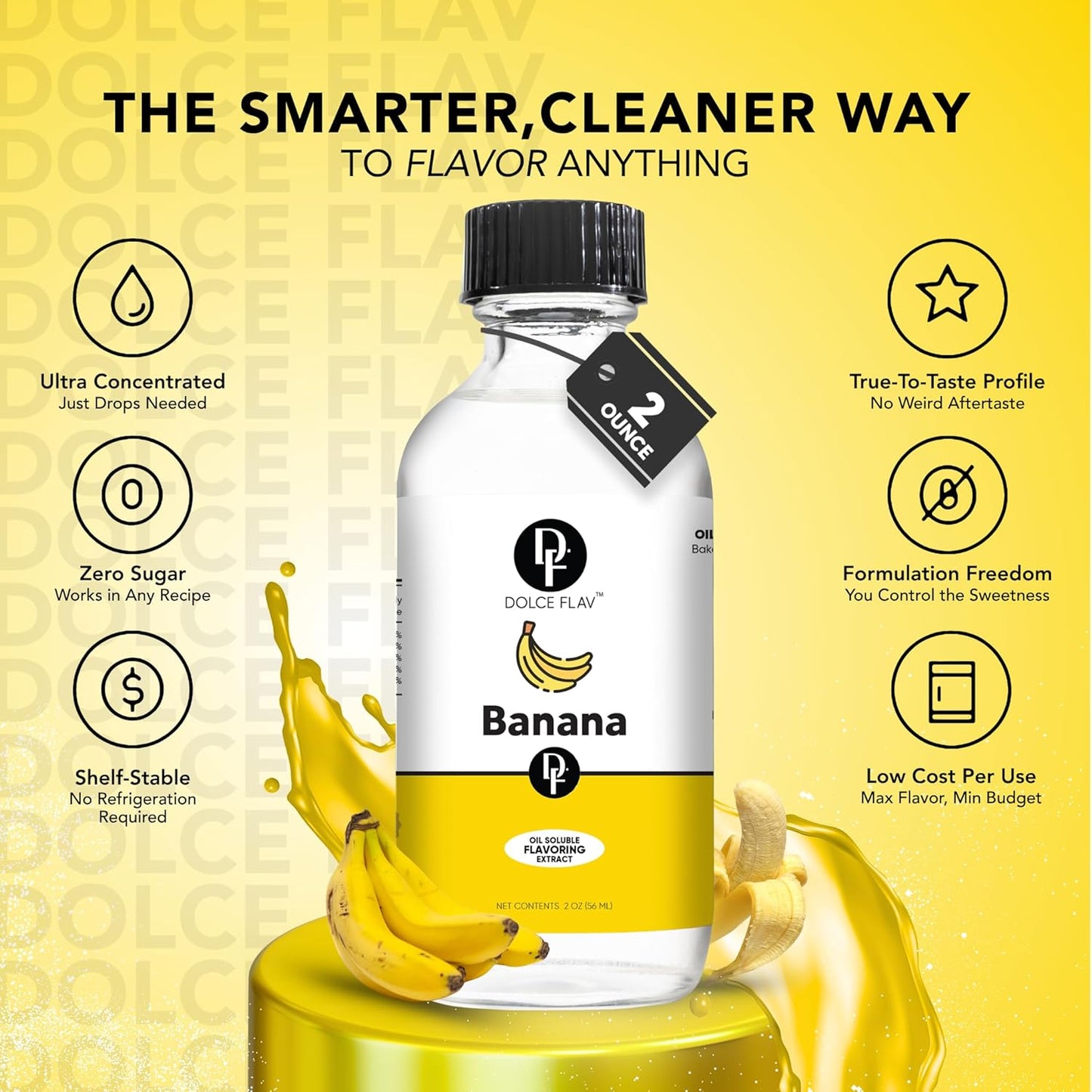 Dolce Flav Banana Extract – 2 Ounce Oil-Soluble Kosher, Sugar-Free, Concentrated Ripe Banana Flavoring for Baking, Smoothies & Ice Cream, Includes Measured Dropper