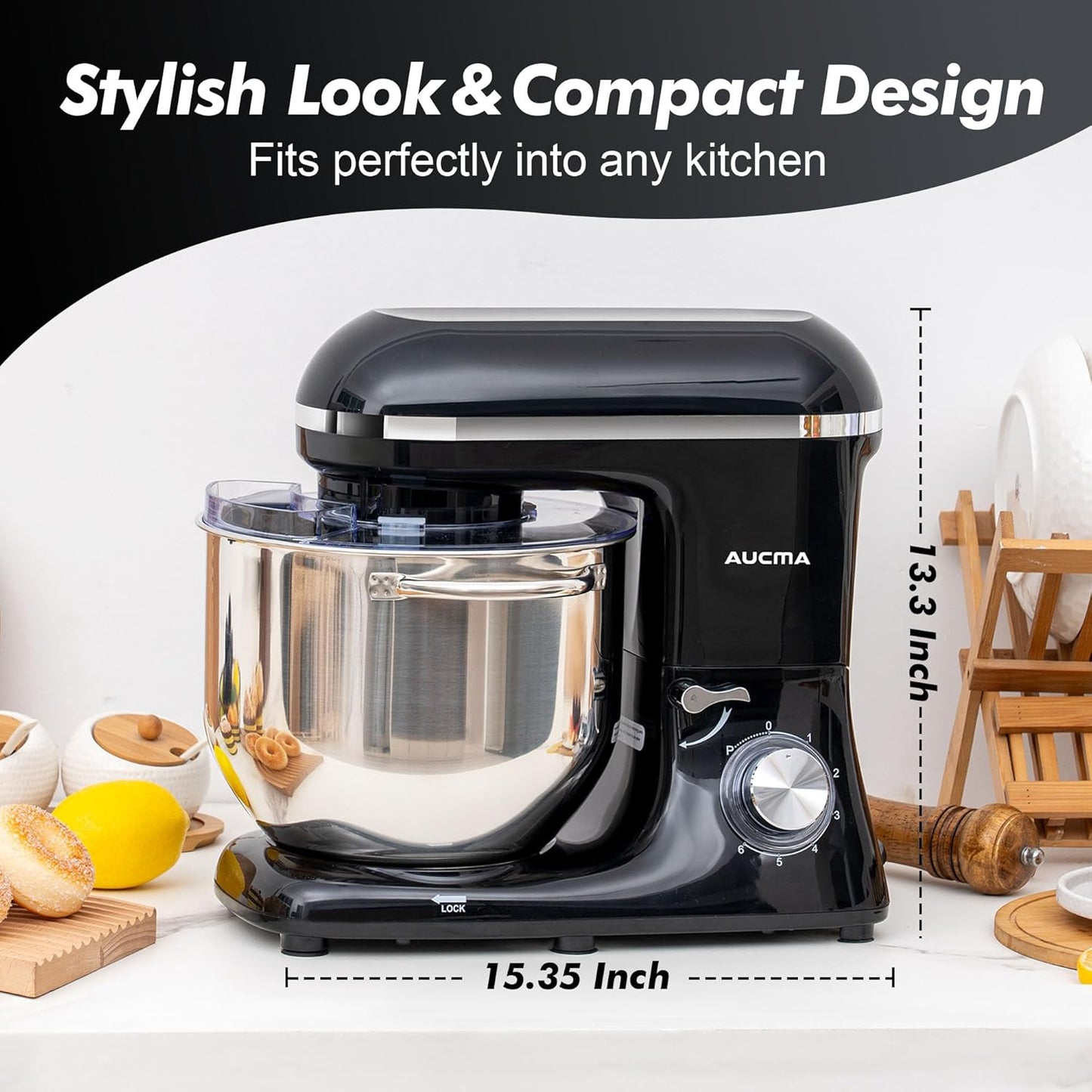 Aucma Stand Mixer, 900W 8QT Large Kitchen Mixer, Kitchen Electric Mixers with Dough Hook, Wire Whip & Beater (Black, 8QT)