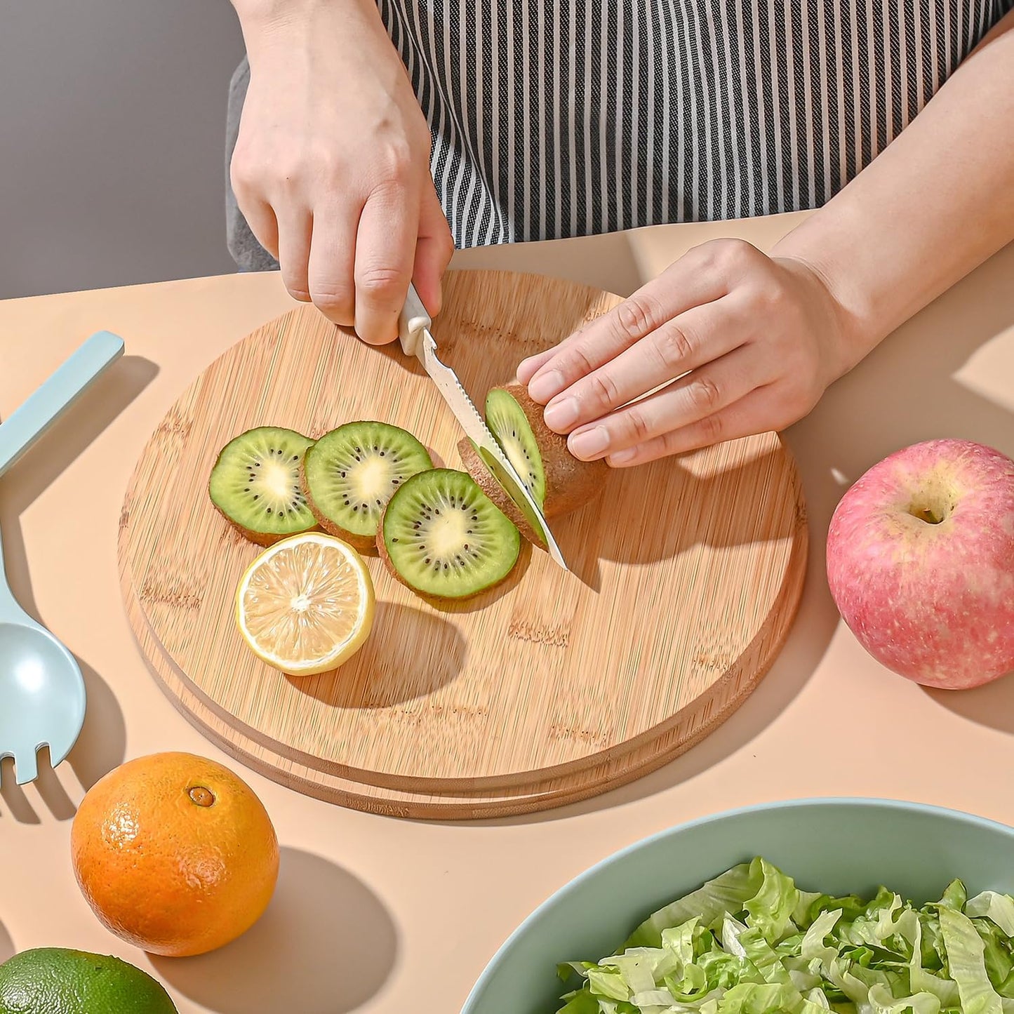 Bamboo Fiber Salad Bowl with Servers Set Large 9.8inches Nature Bamboo Mixing Bowl with Servers with Lid Spoon and Fork for Fruits,Salads and Vegetables