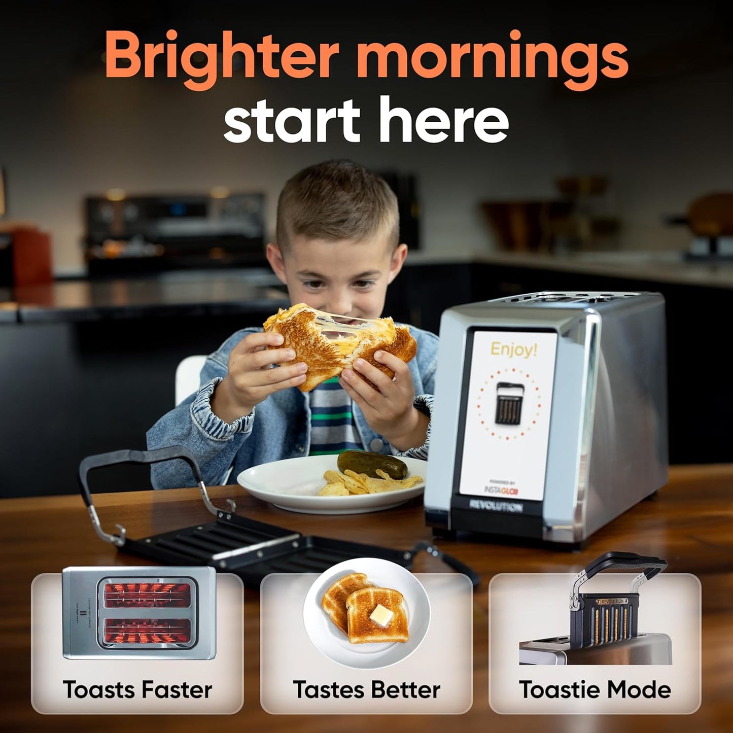 Revolution R180 Connect Plus Smart Toaster Bundle with Toastie Press & Warming Rack – Touchscreen, 2-Slice Wide Slot, InstaGLO 2.0 Tech, Digital Picture Frame– Toast Bread, Bagels, Waffles, Tortillas