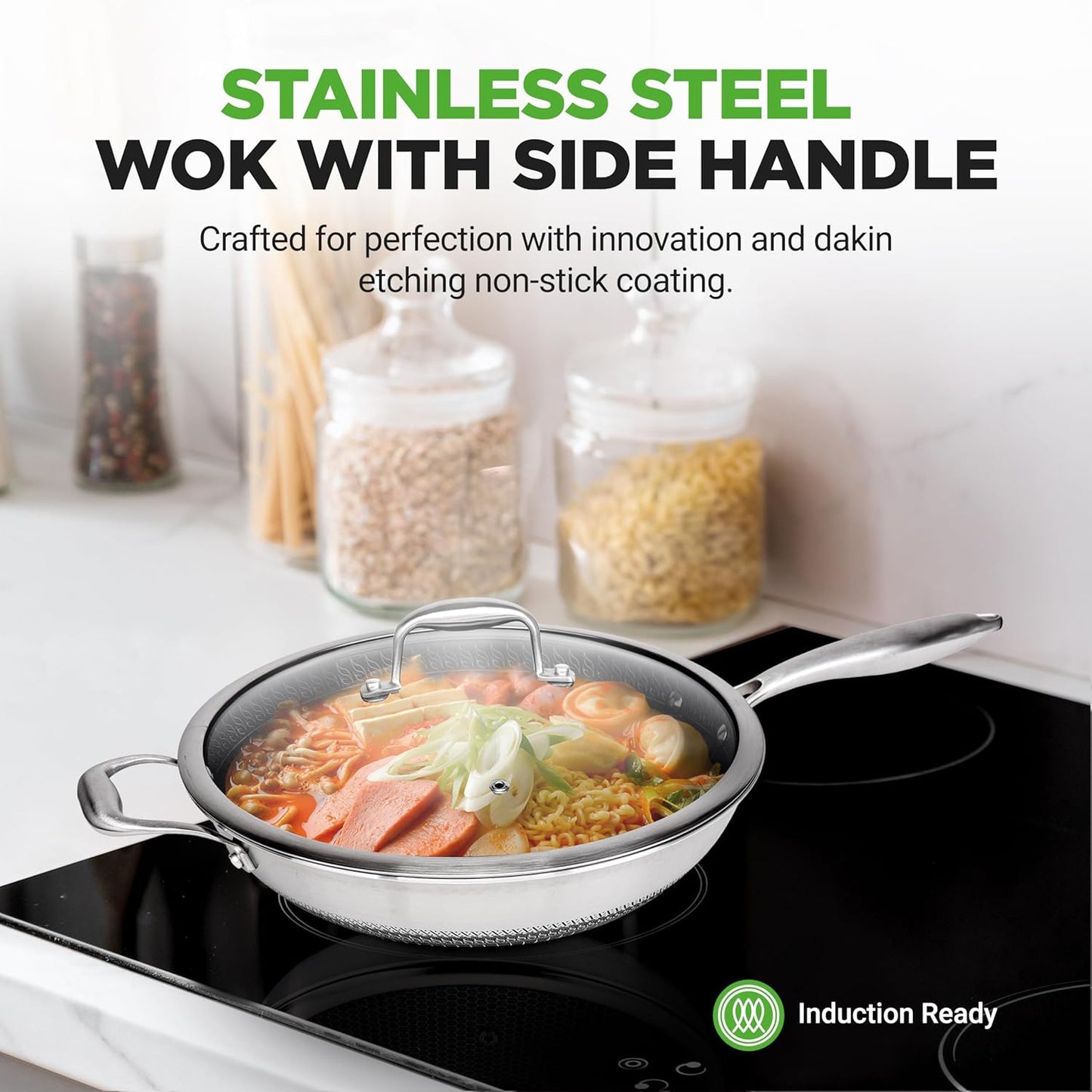 NutriChef 12" Stainless Steel Wok - Induction ready, Non Stick Tri-ply technology, Scratch-resistant Honeycomb Fire Textured Pattern