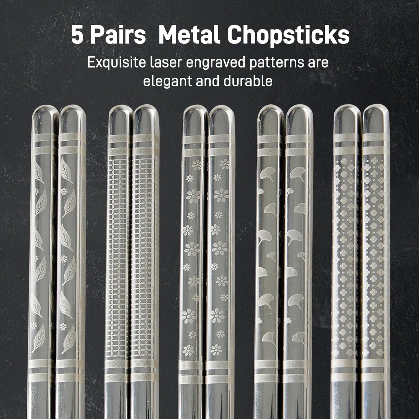 Metal Chopsticks Reusable 5 Pairs Stainless Steel Chopsticks Japanese Chinese Korean Metal Chop Sticks Dishwasher Safe Non Slip Cute Laser Engraved 9.25 Inch for Cooking Eating Gift Set