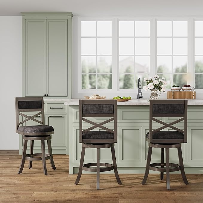 DTY Indoor Living Meeker 24 Inch Counter Height Bar Stools with Backs - Wooden Swivel Counter Stools for Kitchen Island - Charcoal Fabric Seat, Solid Wood Frame, Weathered Gray Finish