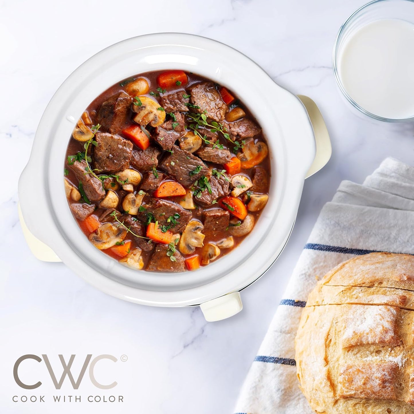 COOK WITH COLOR 2QT Mini Electric Round Slow Cooker - Adjustable Settings, Removable Stoneware Pot, Tempered Glass Lid, Dishwasher Safe, Cool-Touch Side Handles, Cream