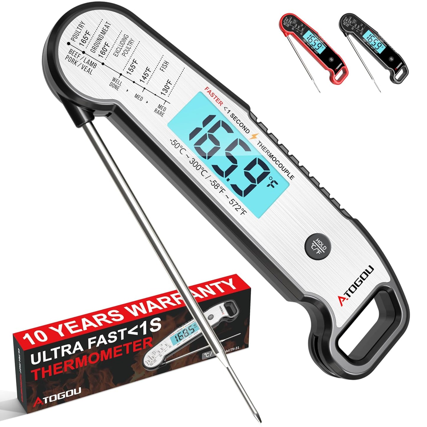 Professional Food & Meat Thermometer, 1 Sec Instant Read & ±0.5℉ Accuracy Driven by Thermocouple Sensor. IP67 Waterproof Digital Thermometer for Cooking, BBQ, Grill Gifts for Men Him Dad Birthday
