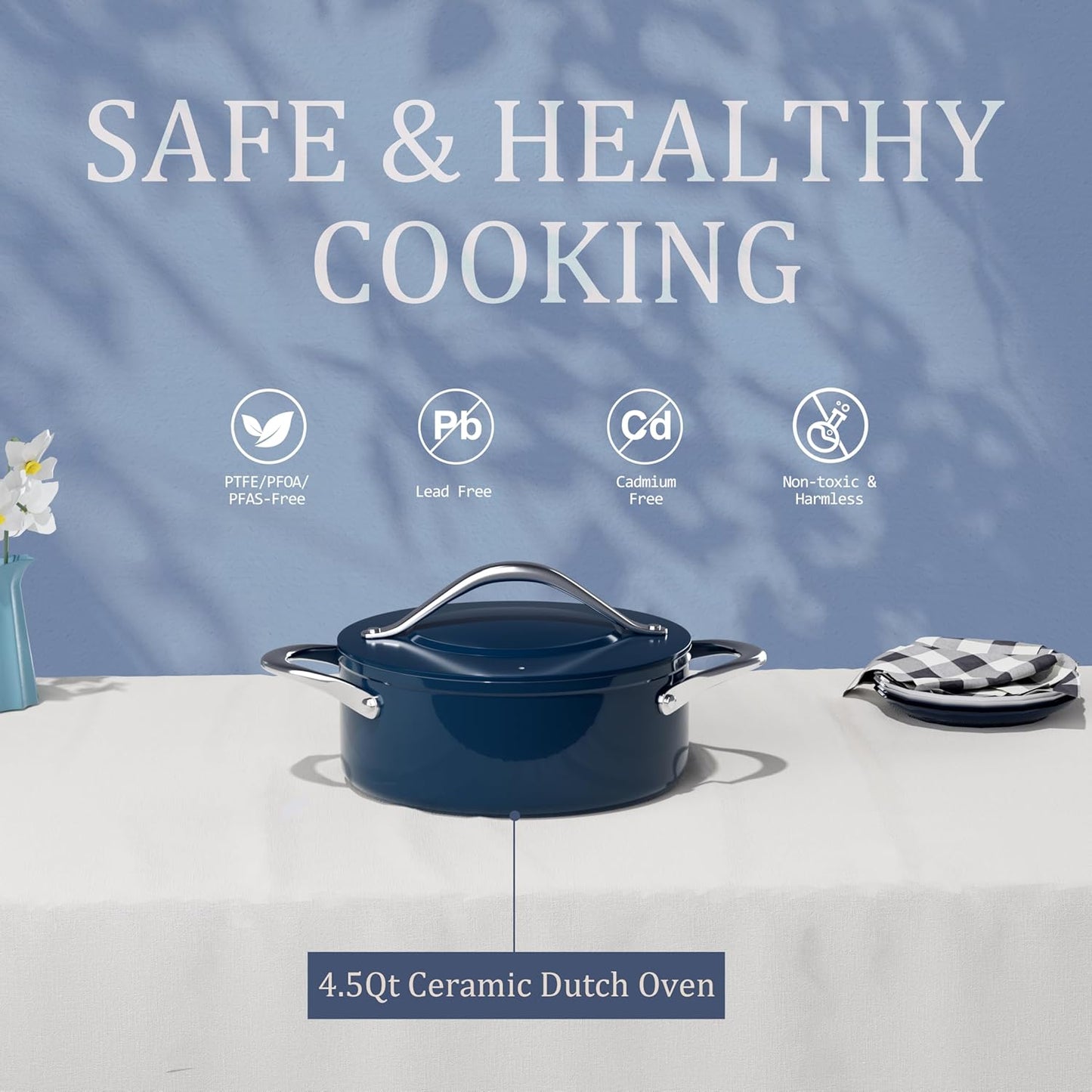 Stock Pot 4.5qt Dutch Oven with Lid (9.5") Nonstick Ceramic Coated Non-Toxic PFAS-Free Even Heat Distribution for Braising, Baking Bread & Soups, Compatible for All Cooktops(Induction/Gas/Electric) Oven Safe to 500°F (Navy Blue)
