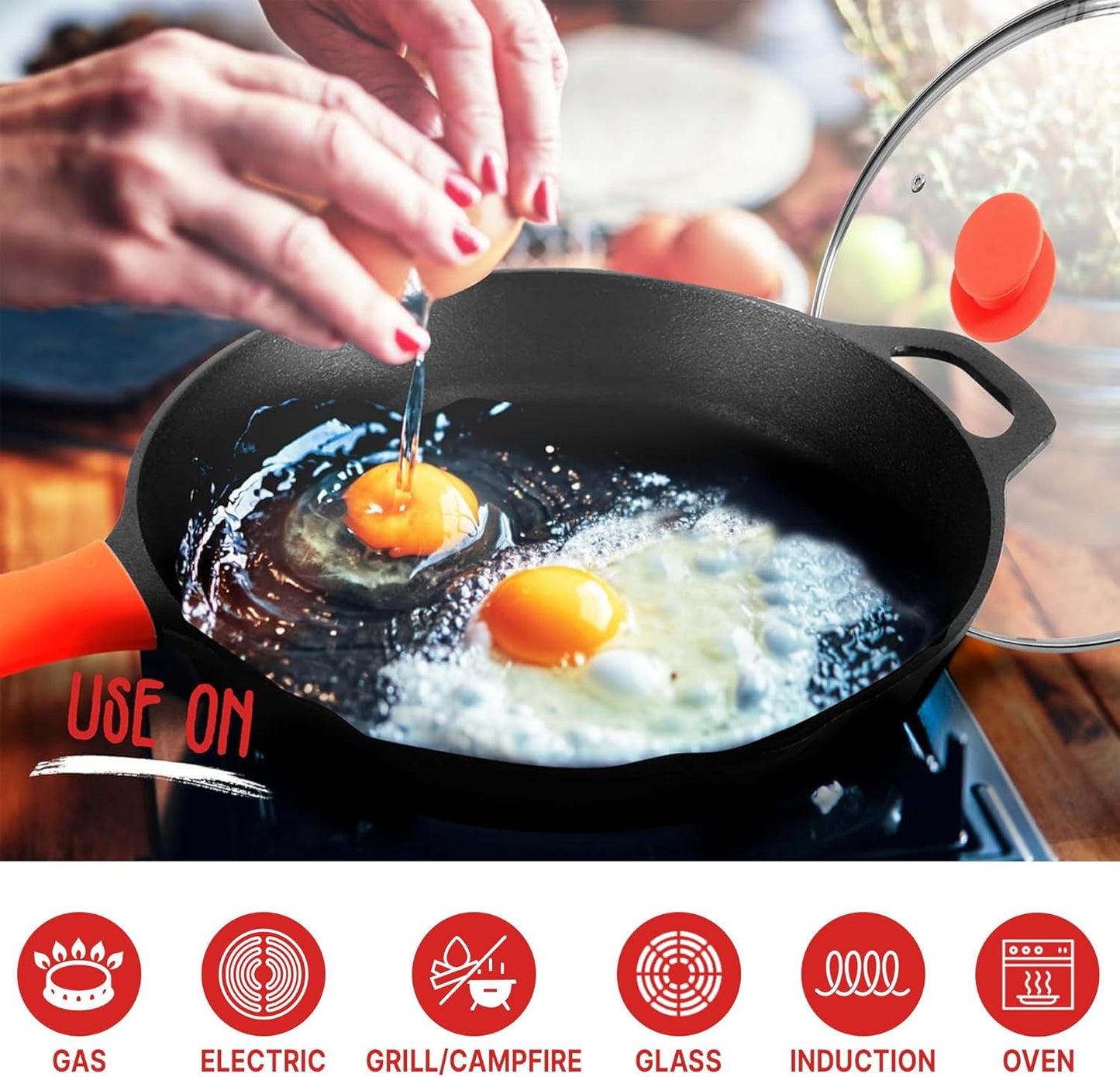 NutriChef 12-Inch Cast Iron Skillet w/Lid - Pre-Seasoned, Oven Safe, Nonstick, Cool-Touch Silicone Handle, For All Cooktops - NCCI12