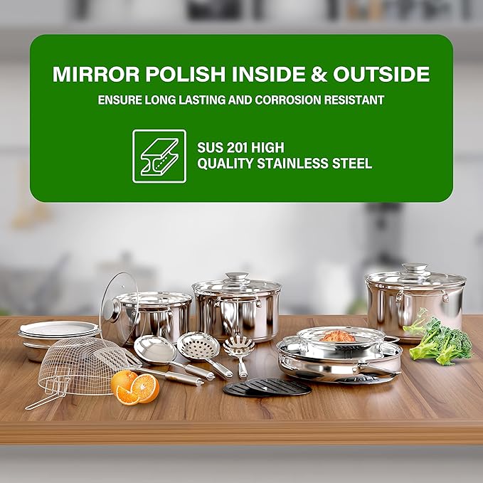 18-Piece Stainless Steel Kitchen Cookware Set, Including Saucepan, Casseroles with Tempered Glass Lid, Frypan, Steamer, Salad Bowl with Cover, Fryer Basket, Heat Resistant Mat & Utensils Set, Silver
