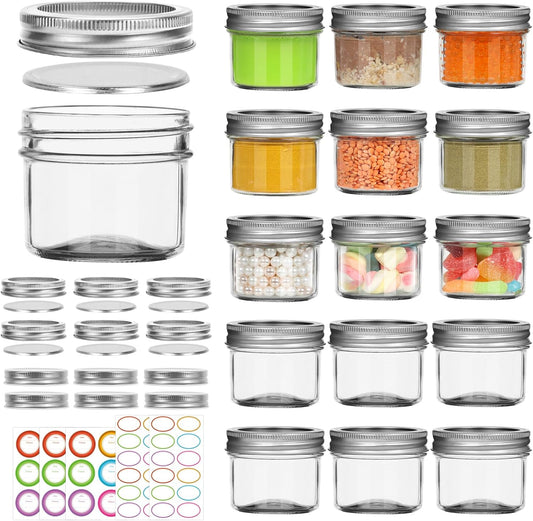 4 oz Small Mason Jars, 16 Pack Mini Canning Jars with 2 Types of Lids, 16 Split-Type and 16 One-Piece Lids for Dessert, DIY