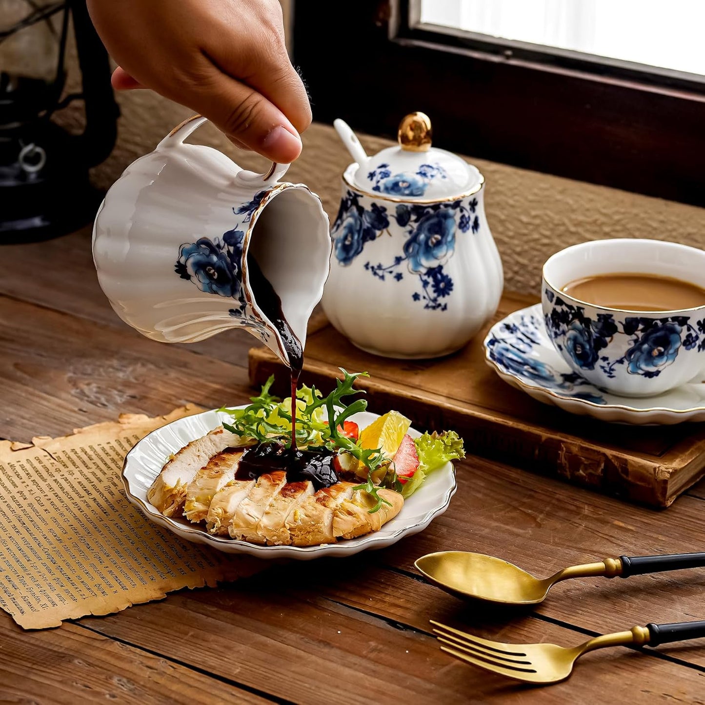 Ceramic Sugar and Creamer Set, 3 Piece with Cream Pitcher, Sugar Bowl with Lid and Spoon,Coffee and Tea Serving Set (White with blue flower)