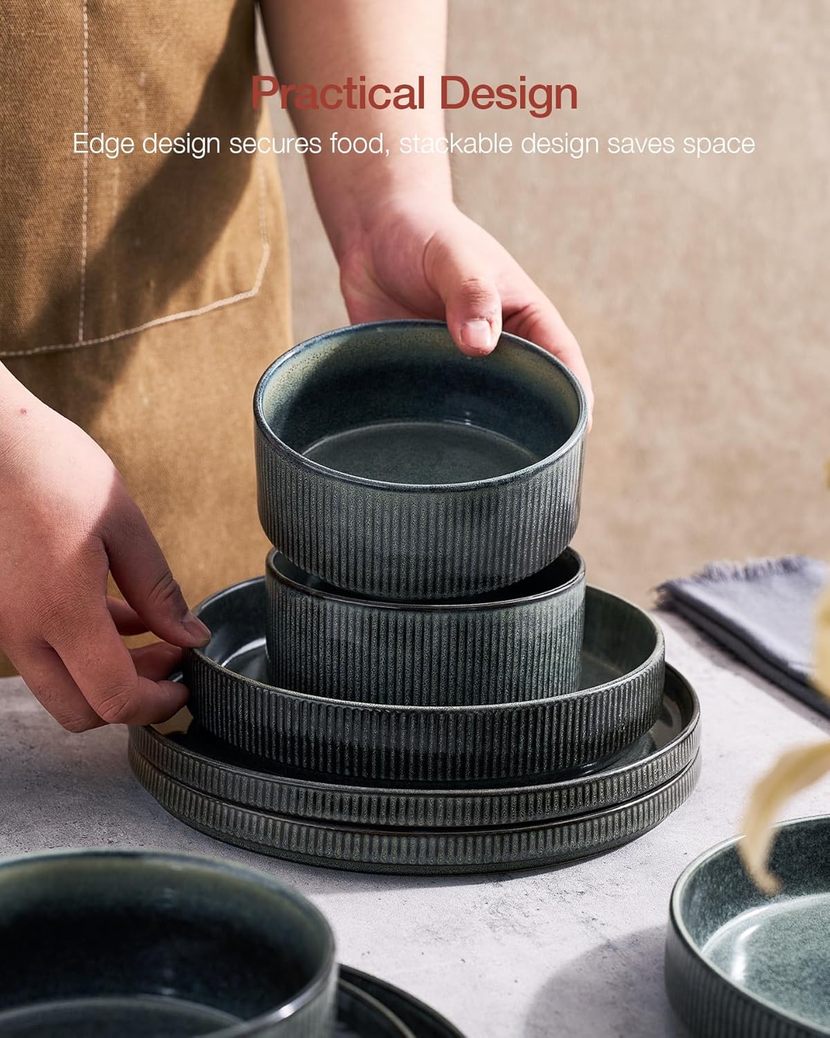 Famiware Star Dinnerware Set, Plates and Bowls Sets for 4 (12pcs), Ribbed Stoneware Dishes - Chip & Scratch Resistant, Microwave & Dishwasher Safe, Deep Forest