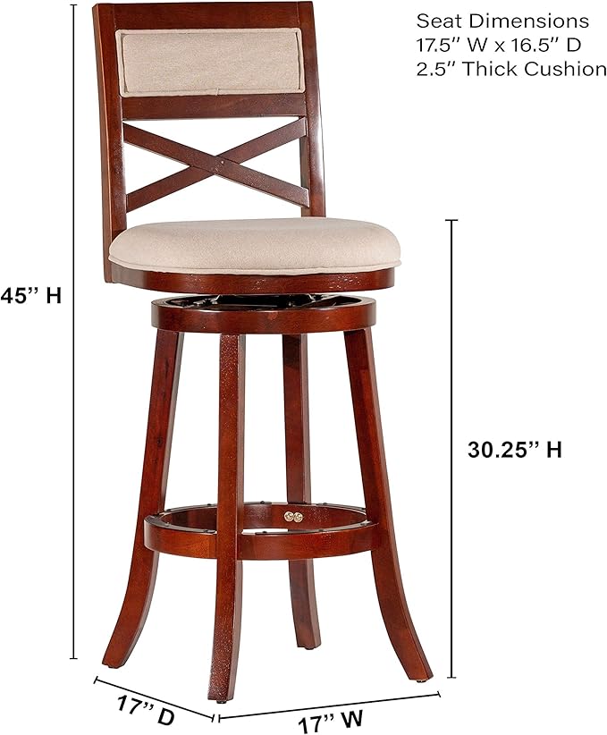 DTY Indoor Living Meeker X Back Fabric Swivel Stool, 30" Bar Height, Cherry Finish, Beige Fabric Seat