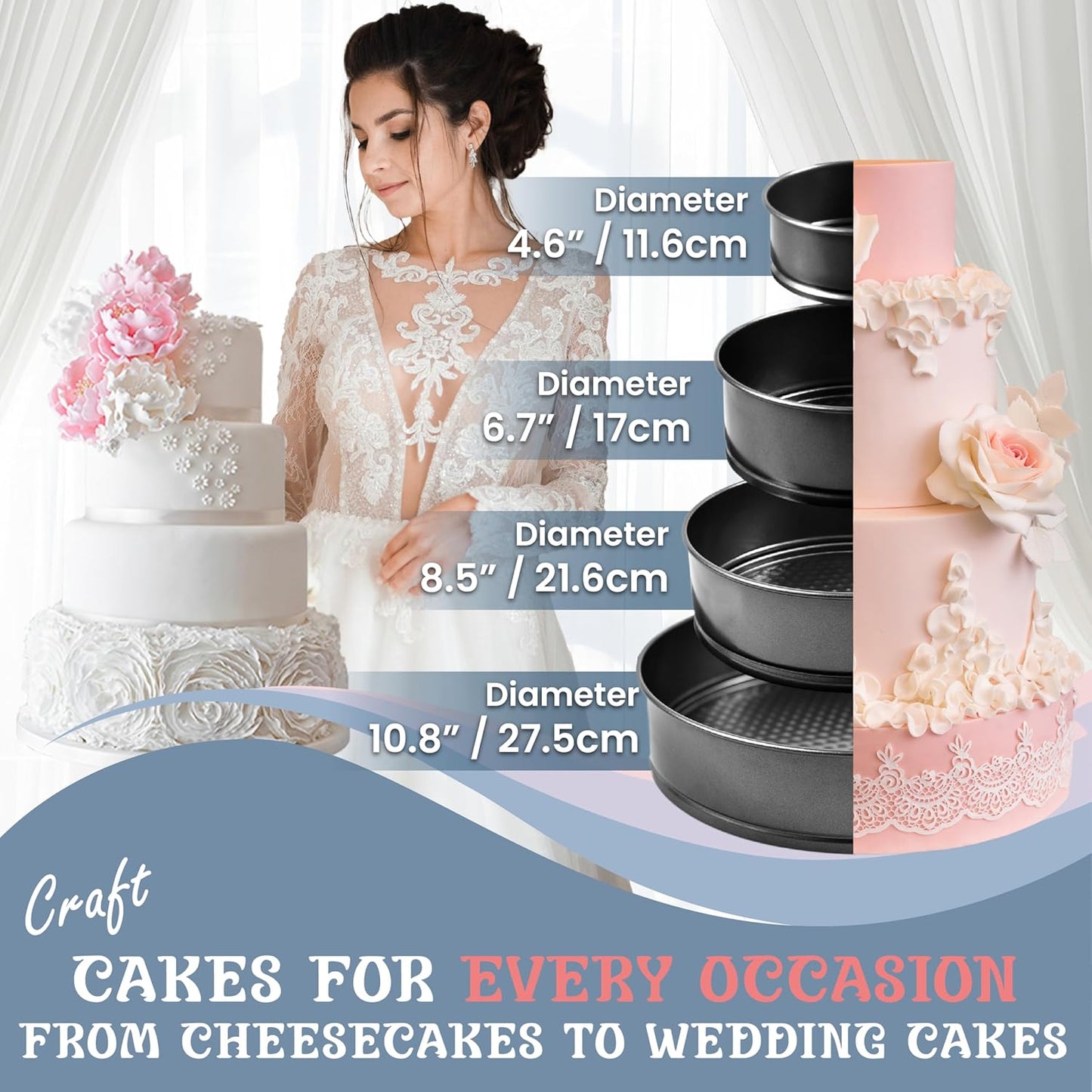 Spring Form Pan for Cheesecake, 4/7/9/11 Inch NONSTICK Cheesecake PanSet with CAKE SLICER and TESTER, Leakproof Springform Pan Set, 4 Spring Form Pans for Baking Compatible with INSTANT POT