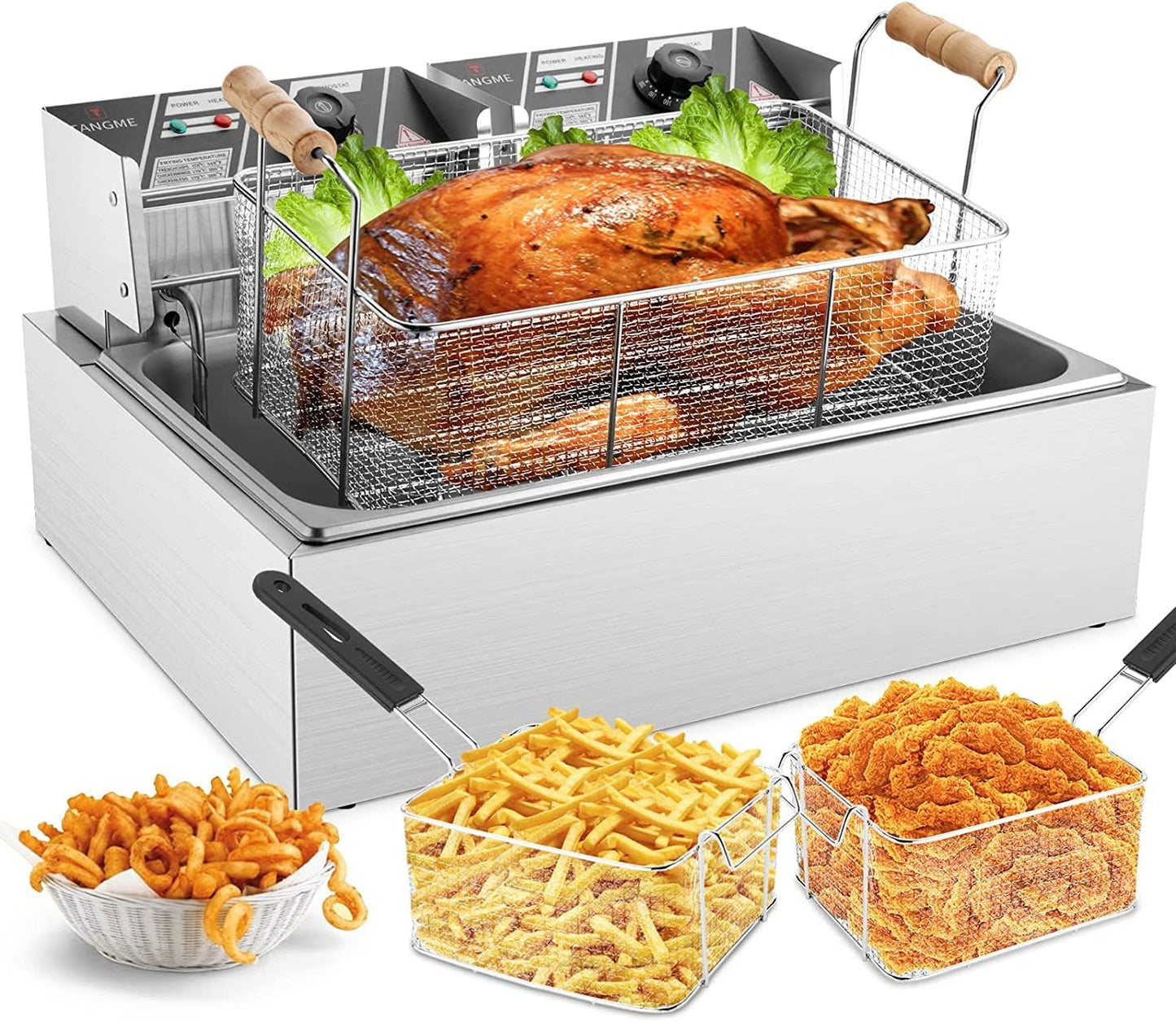 TANGME Commercial Deep Fryer, 3400w Electric Countertop Fryer with 3 Baskets, 22L/23.25Qt 1mm Thickened Stainless Steel Oil Fryer with Temperature Limiter for Restaurant, UL Certified