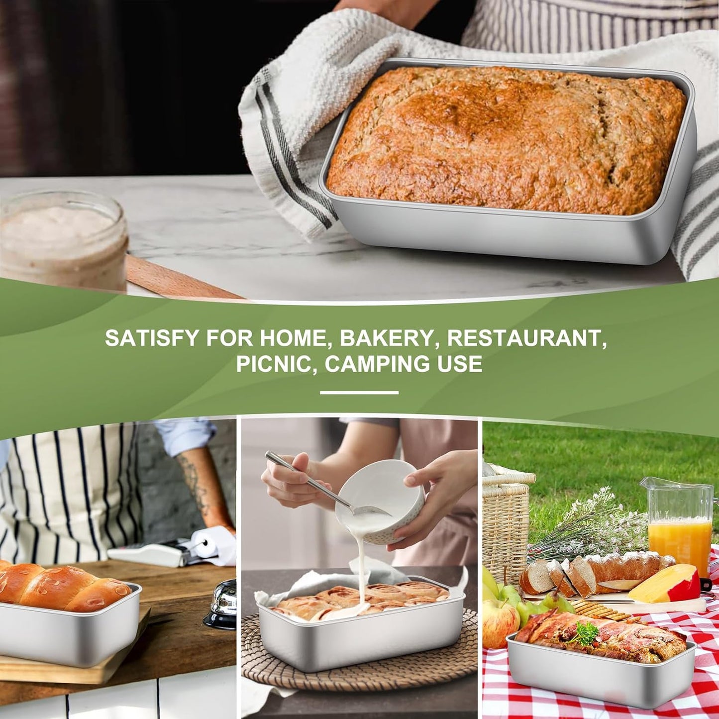 P&P CHEF Loaf Pan Set, 9 x 5 Inch Bread Pans, Stainless Steel Loaf Toast Baking Pans For Bread Meatloaf Lasagna Cake, Healthy & Non Toxic, Oven & Dishwasher Safe,(Silver, 2Pcs)