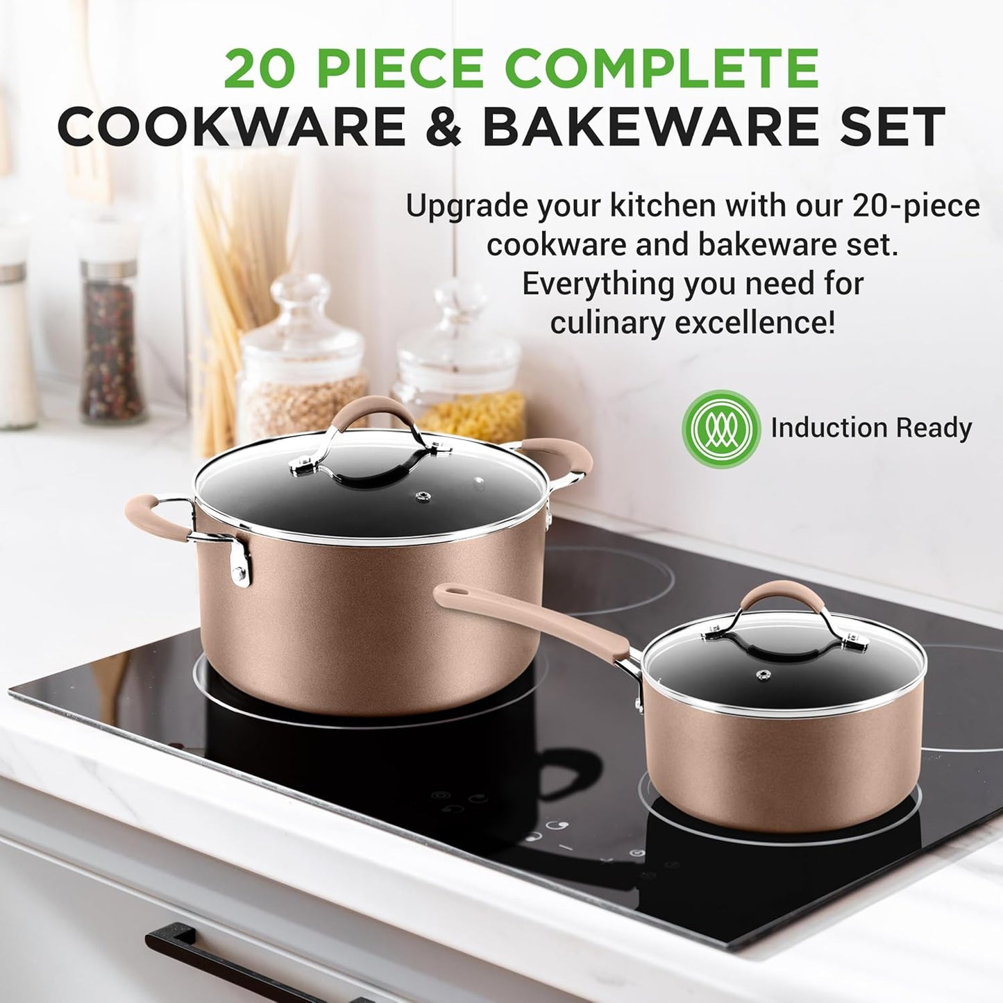 20-Piece Nonstick Kitchen Cookware Set - PTFE/PFOA/PFOS-Free Heat Resistant Lacquer Kitchen Ware Pots Baking Pan Set w/ Saucepan, Frying Pans, Cooking Pots, Oven Pot, Lids, Utensil - NutriChef NCCW20S