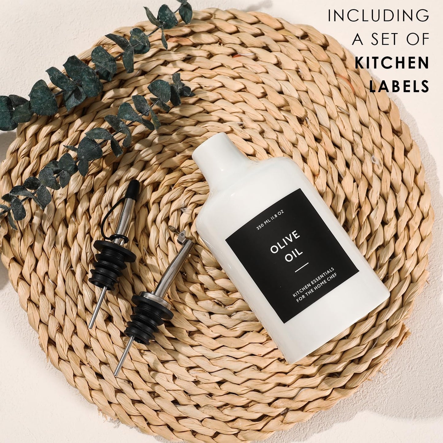 HOMCDALY Ceramic Olive Oil Dispenser Bottle, 16oz Oil Dispenser Bottle for Kitchen, Oil Container, Kitchen Oil Dispenser（White）