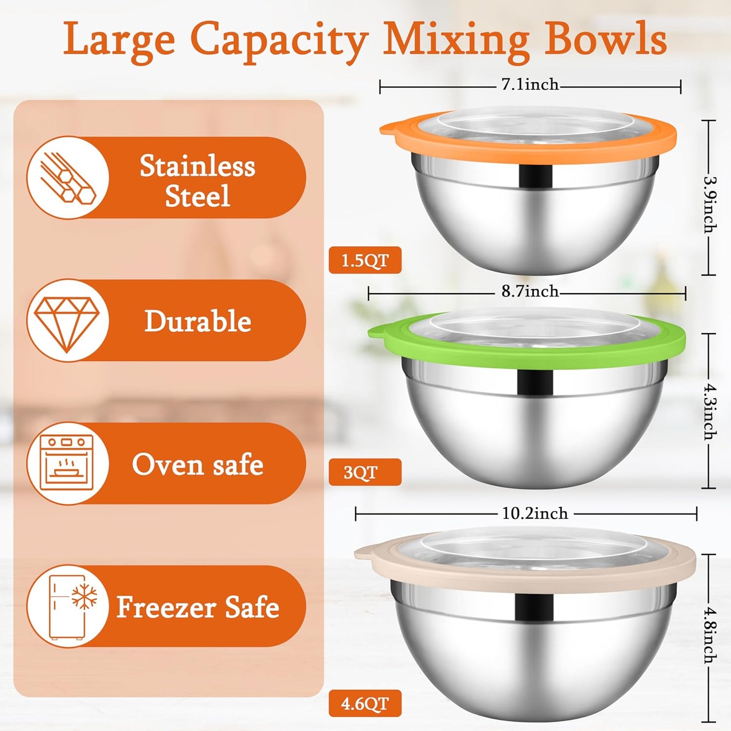 LIANYU Mixing Bowls with Lid Sets of 3, Large & Small Stainless Steel Metal Salad Mixing Bowls, 1.5 & 3 & 4.6QT Sizes For Kitchen Cooking, Baking, Storage, Food Prepping, Serving, Three-Color