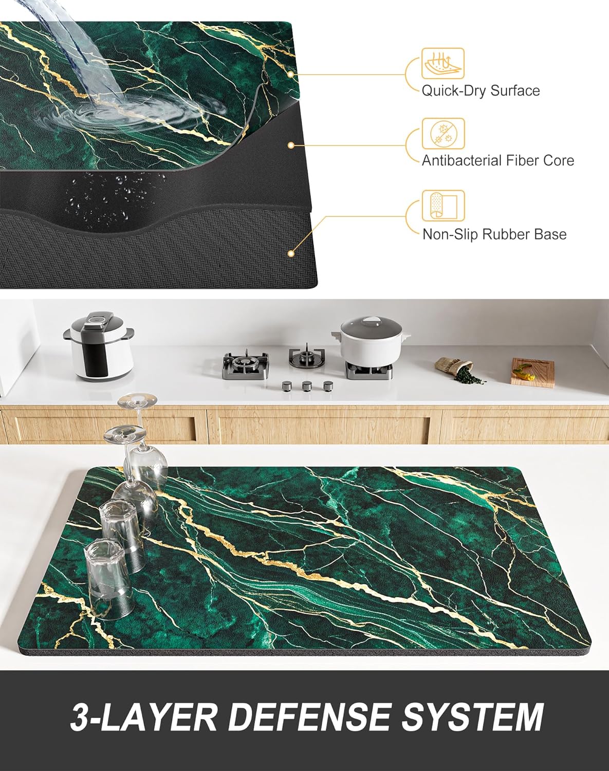 Rnivvi Dish Drying Mat for Kitchen Counter, XL 15 x 24" Cute Marble Absorbent Draining Pad, Non-Slip Heat Resistant Coffee Bar Mats for Coffee Machine Station Accessories, Green Gold Dish Rack Pad