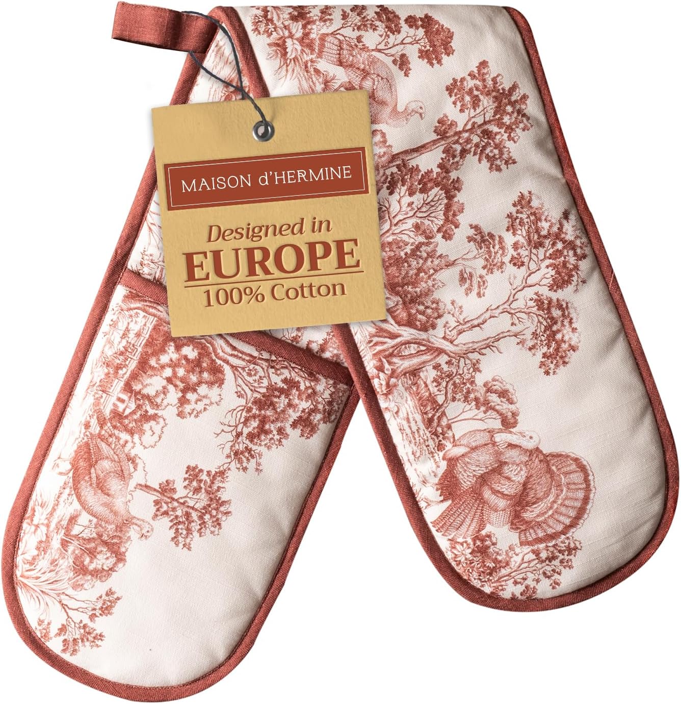 Maison d' Hermine Double Oven Mitt 100% Cotton Heat Resistant Cooking Gloves with Loop, Baking Barbeque, Handling Hot Pan, Holy Jouy - Brown - Thanksgiving/Christmas (7 Inch x 35 Inch)