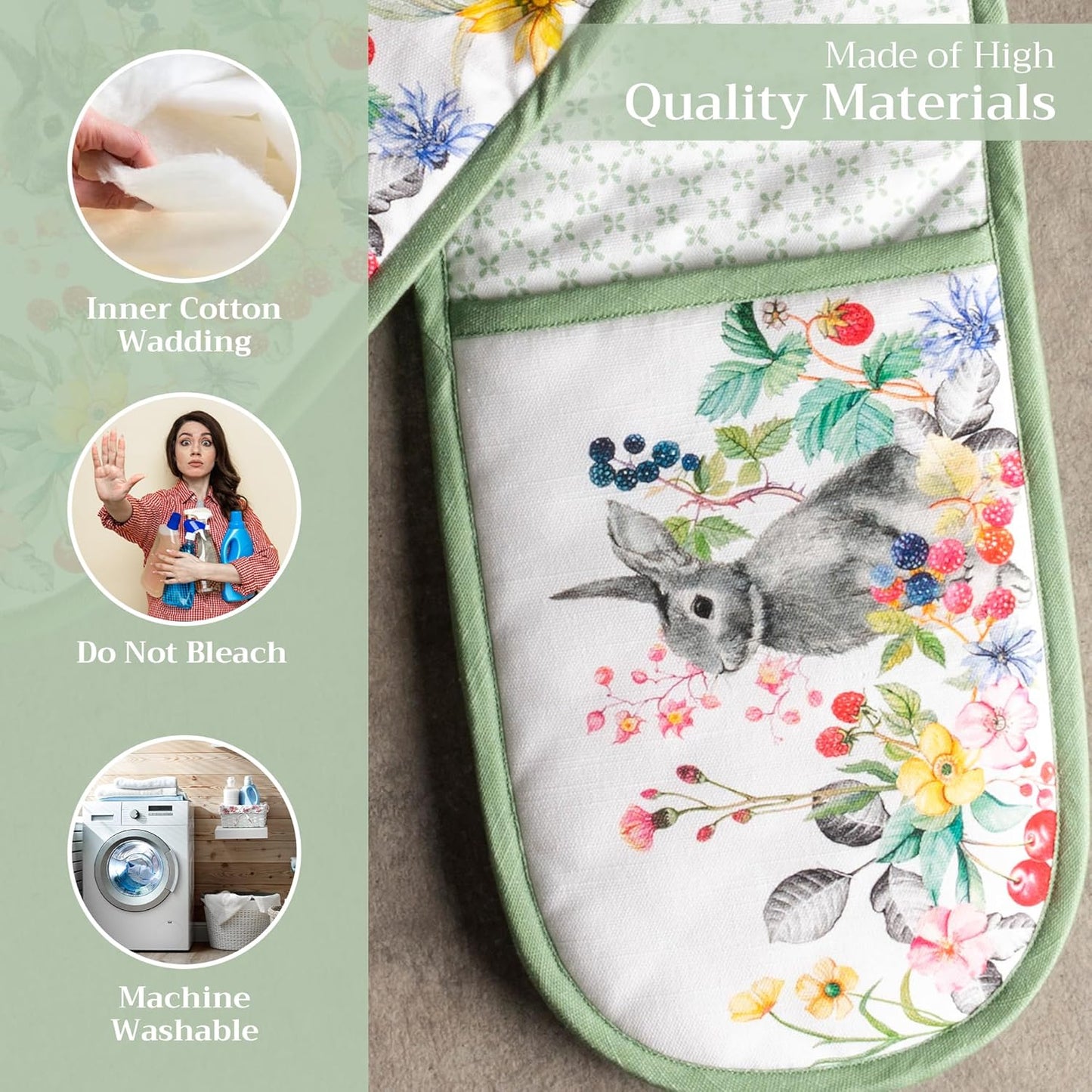 Maison d' Hermine Double Oven Mitts 100% Cotton 7"x35" Double Oven Mitt Heat Resistant BBQ Cooking Gloves with Loop, Baking, Grilling, Home, Kitchen, Handling Hot Pans Spring Summer (Printemps)