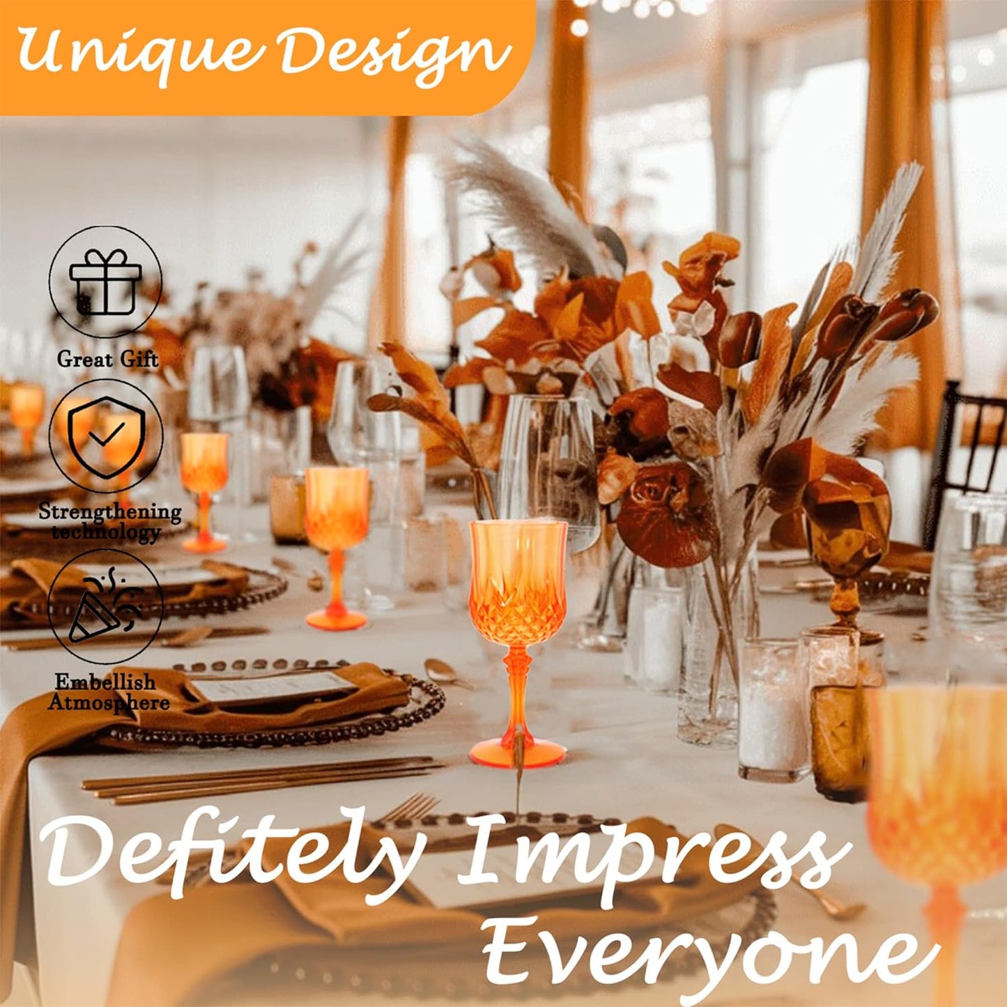 Plastic Wine Glasses，Plastic Goblets Vintage Style Cordial Drinking Glasses for Wedding Reception, Grand Event Party Supplies (24, Pumpkin orange)