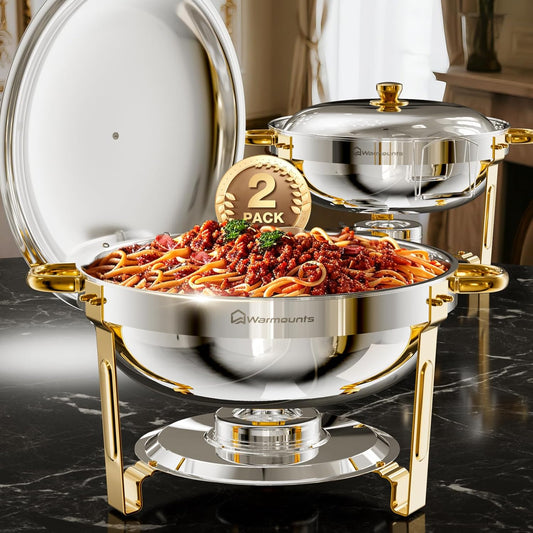 Gold Chafing Dishes for Buffet (5QT, 2 Pack), Round Chafers and Buffet Warmers Sets, Food Grade Stainless Steel Chafing Dish Set, Rolled Edge Design, for Catering Events, Parties, Weddings