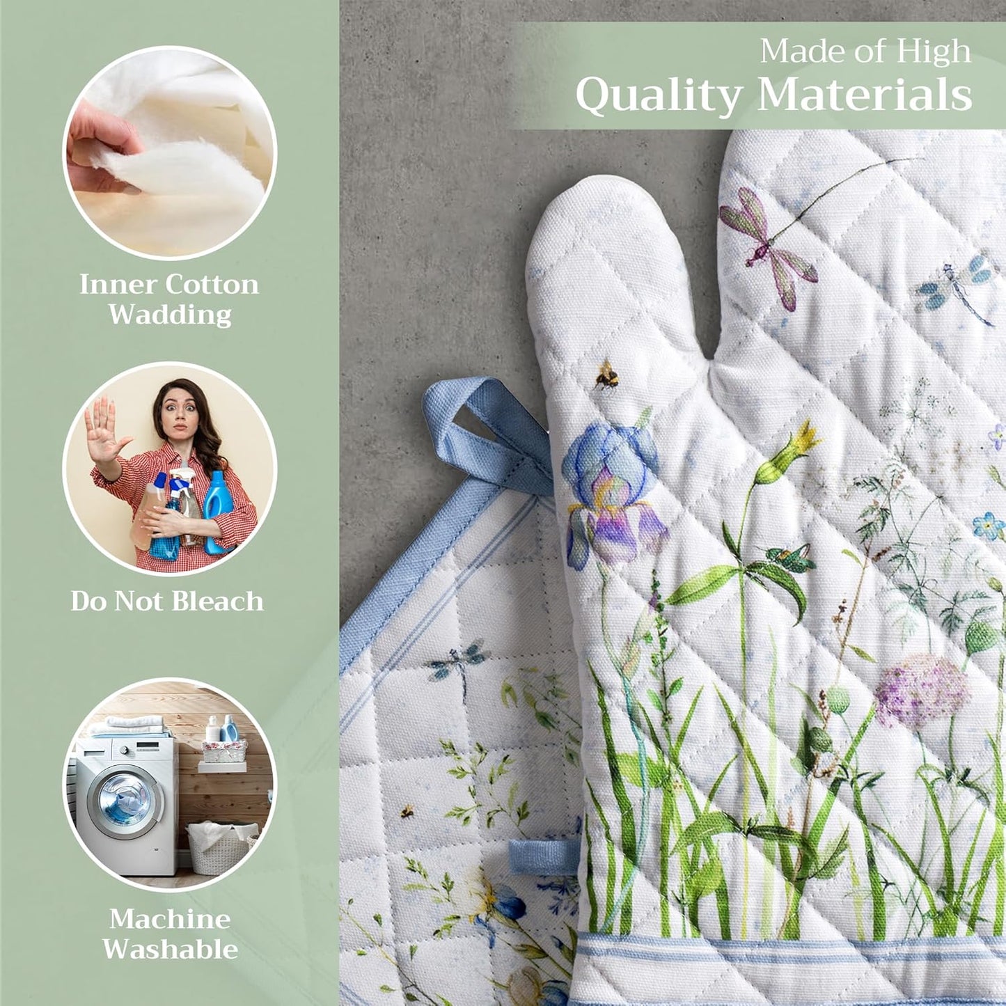 Maison d' Hermine 100% Cotton Oven Mitt & Pot Holder Set (7.5"x13" & 8"x8") Heat Resistant BBQ Cooking Gloves with Loop, Baking, Grilling, Kitchen, Handling Hot Pans Spring/Summer (Fleurs De Mai)