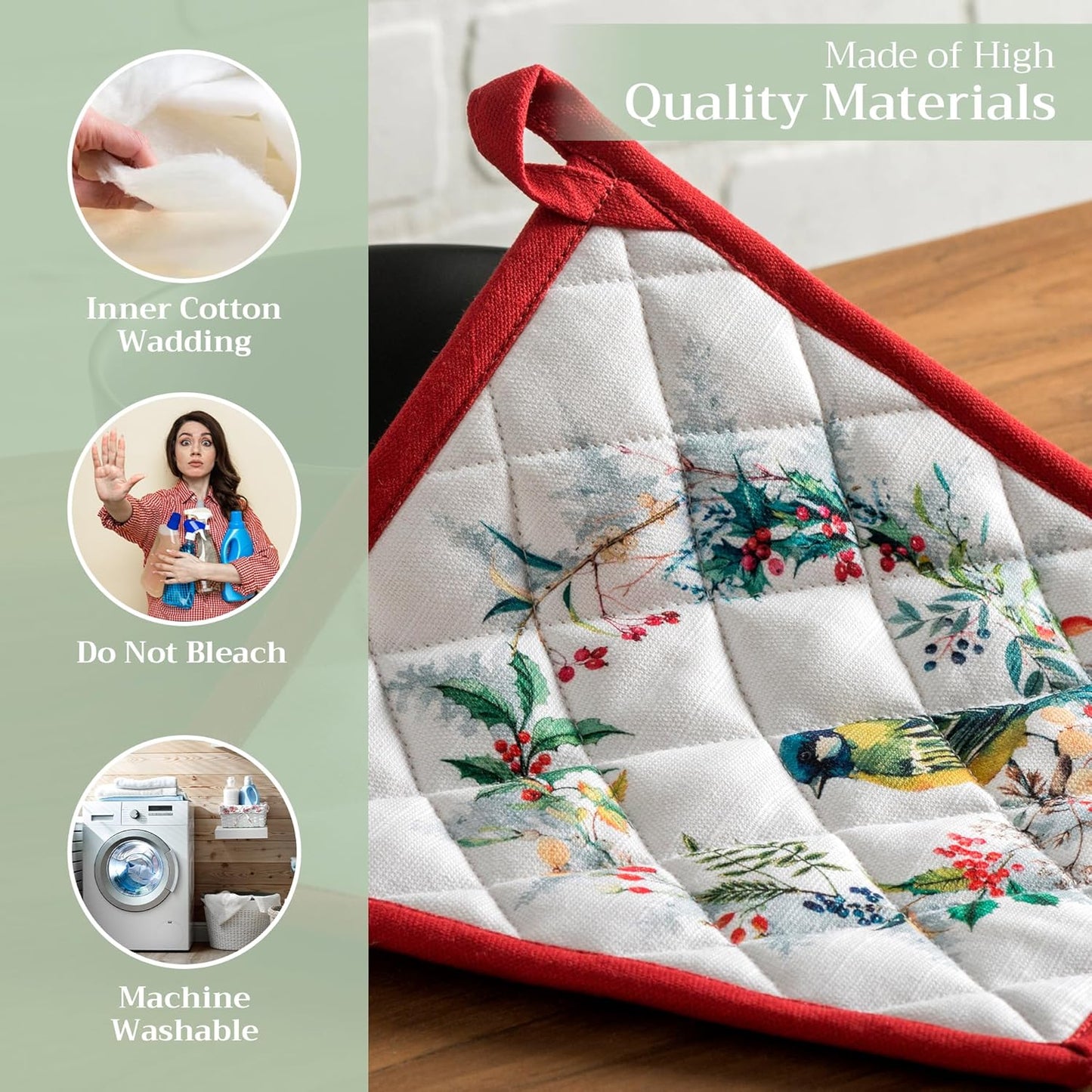 Maison d' Hermine Pot Holders 100% Cotton Heat Resistant Potholders 8" x 8" Hot Pads with Loop BBQ, Cooking, Baking, Grilling, Kitchen, Handling Hot Pans (Pack of 1, Morzine)