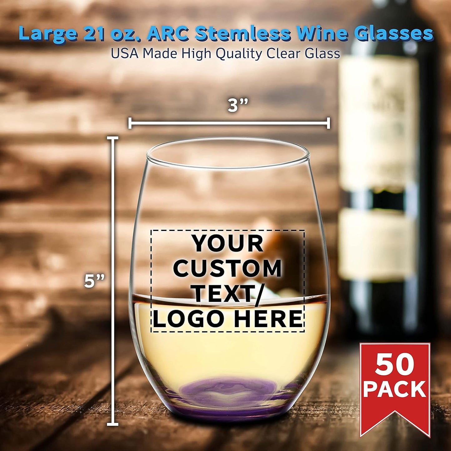 DISCOUNT PROMOS 50 ARC Stemless Wine Glasses Set, 21 oz. - Customizable Text, Logo - Chardonnay, Cabernet, Merlot, Sauvignon - Purple