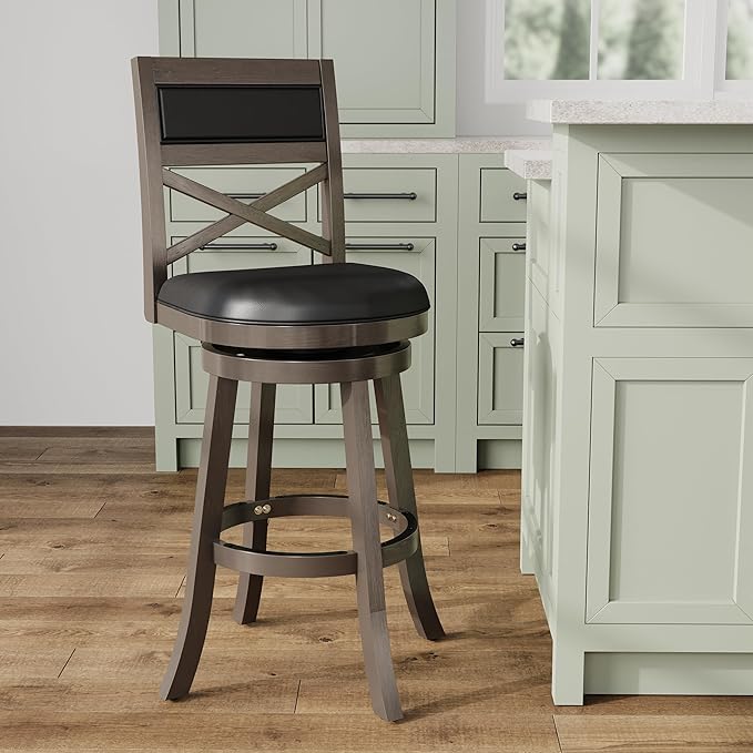 DTY Indoor Living Meeker X Back Fabric Swivel Stool, 30” Bar Height, Weathered Grey Finish, Black Leather Seat