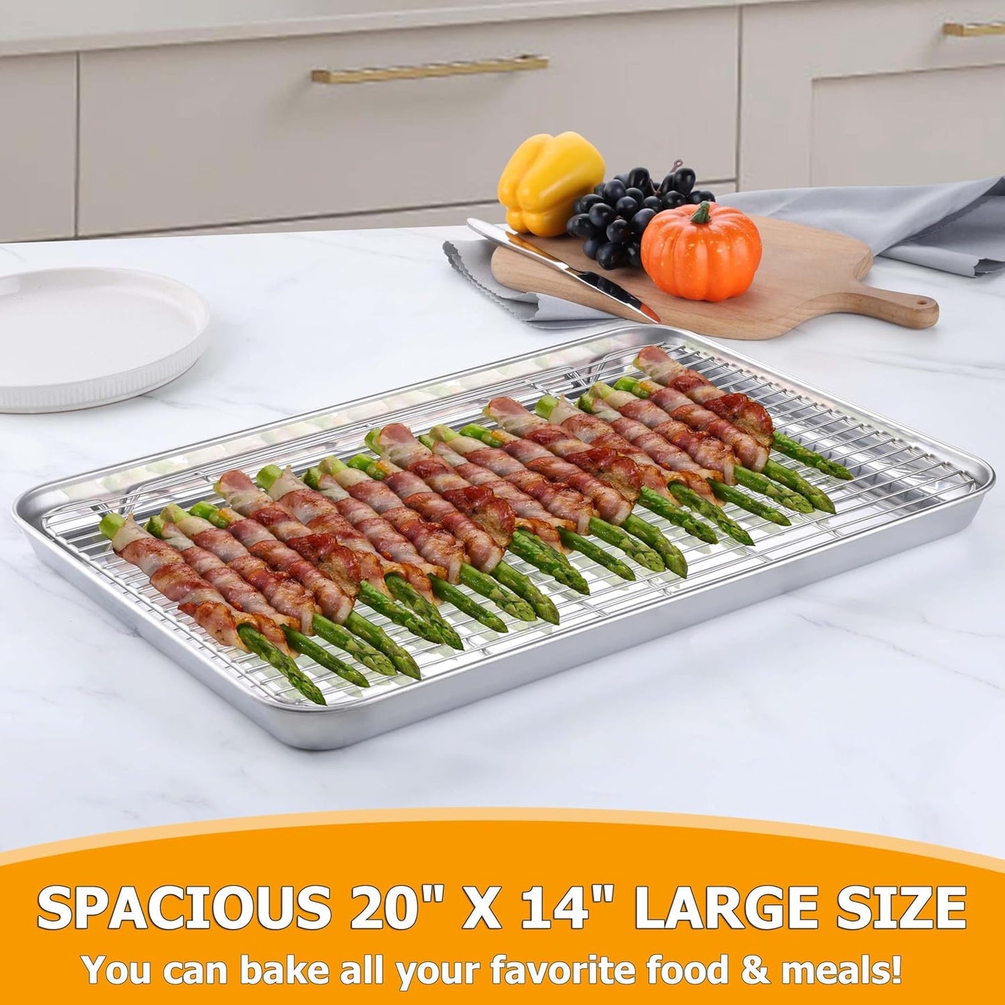 Homikit Baking Sheet Pan with Wire Cooling Rack Set, 20" x 14" Large Nonstick Stainless Steel Cookie Sheets Tray for Oven, Big Metal Bakeware Bacon Pans for Baking Cooking, Dishwasher Safe