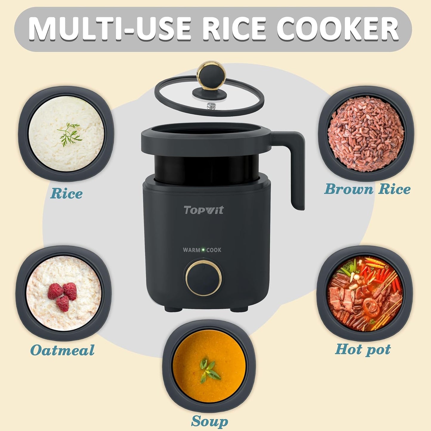 TOPWIT Rice Cooker Small, Mini Rice Cooker 2 Cups Uncooked, 1.2L Portable Rice Maker with Non-stick Coating, BPA Free, One Touch & Keep Warm Function, Grey